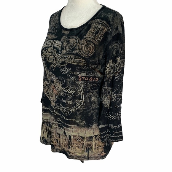 MONA Lisa🖤Graphic Black 3/4 Sleeve Scoop Neck T-Shirt Top - Picture 8 of 8